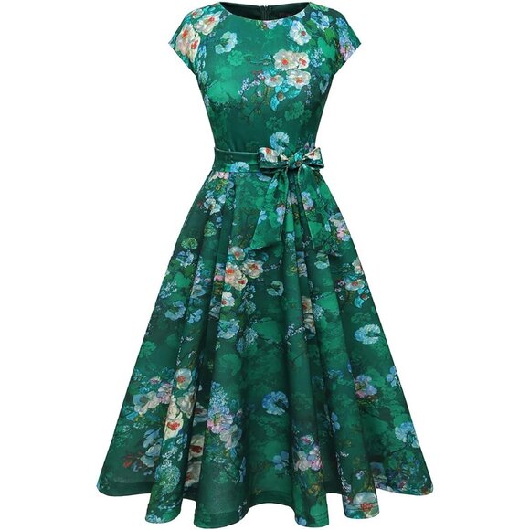 Dresstells Women's Green Flower Modest Vintage Cocktail Formal Party Dresses - Picture 2 of 4